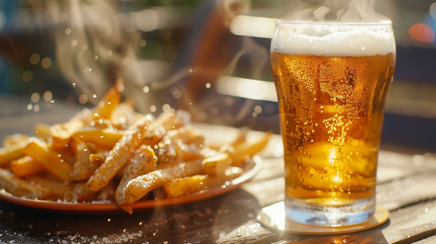 A pint of cold lager beside a plate of salted fries on a sunlit table