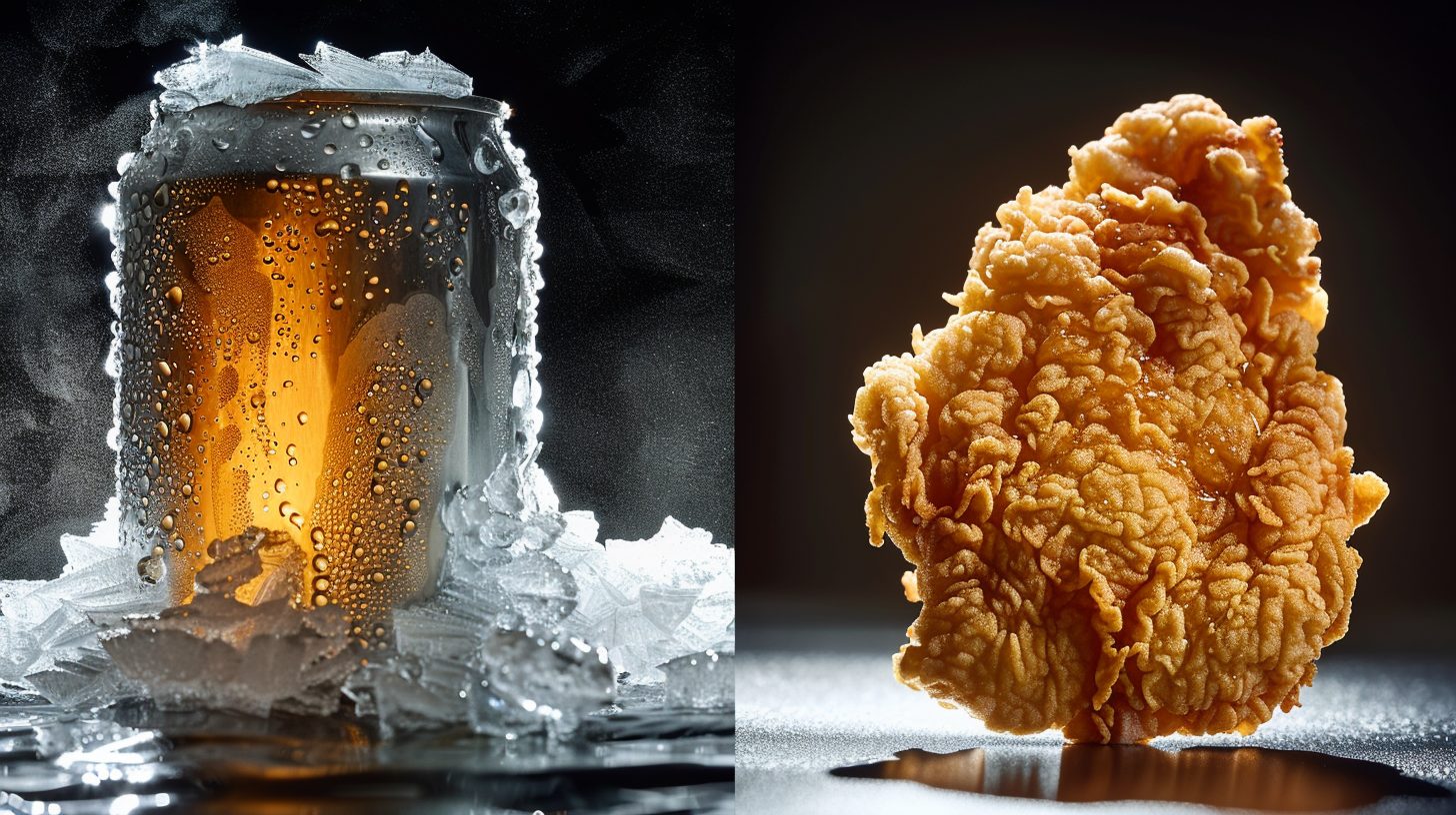 A frost-covered beer can packed in ice beside a piece of golden fried chicken, split down the middle