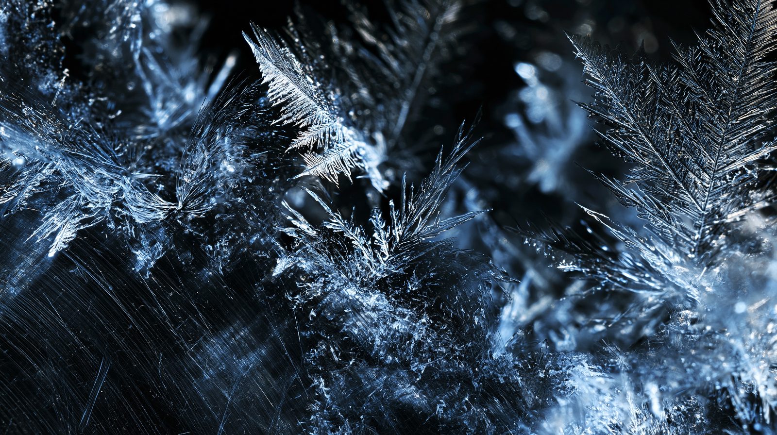 Frost crystals forming across a cold metal surface