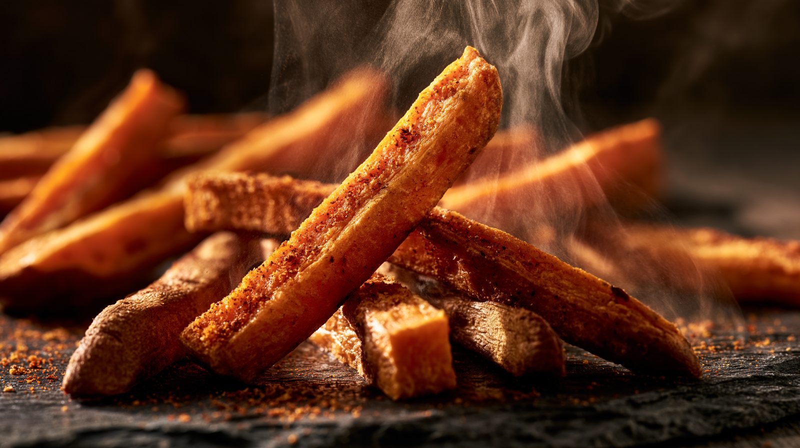 Sweet potato fries on slate, steaming, edges browned